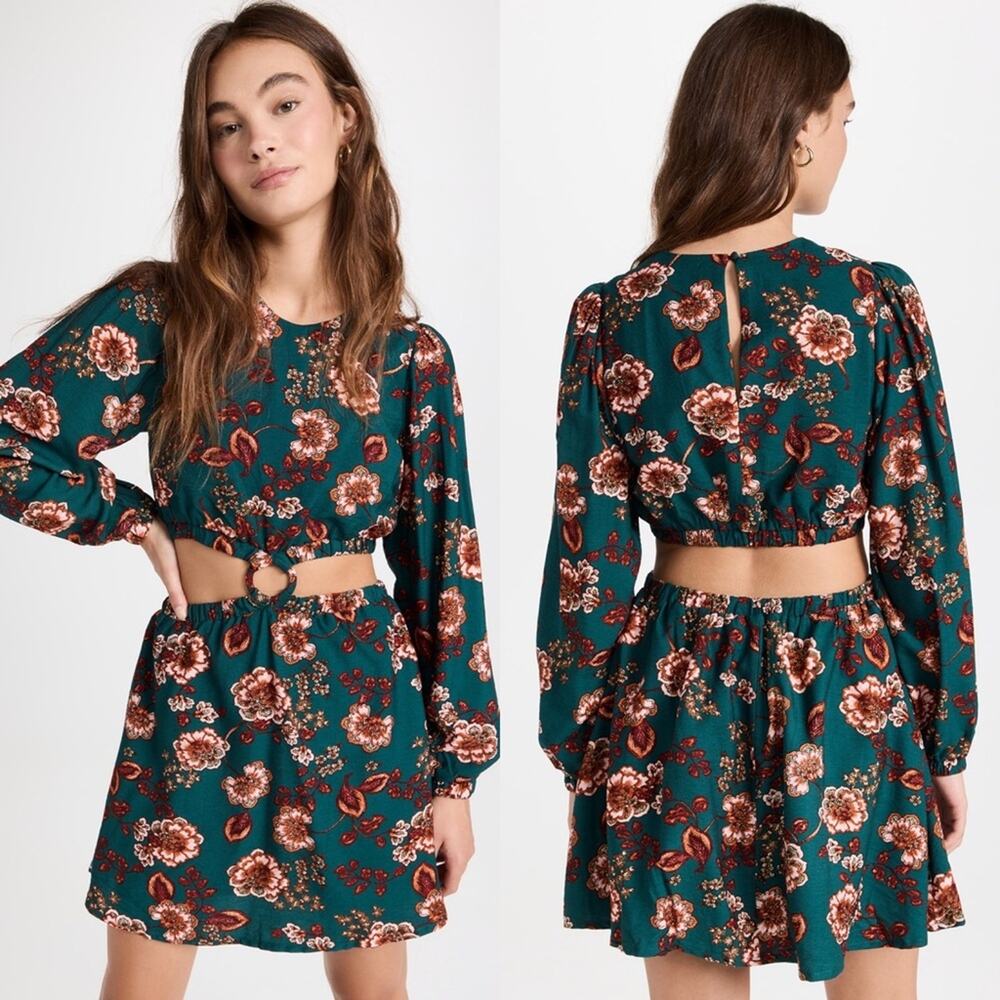 MinkPink Floral Cut Out Ring Long Sleeve Scoop Neck Olivia Mini Dress L - Picture 8 of 9